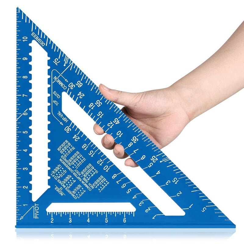 Beslands Aluminum 12-inch Rafter Square Carpenter Measuring Layout Tool Alloy Metal Triangle Ruler Imperial Protractor for Woodworking and Carpentry Blue - Image 1